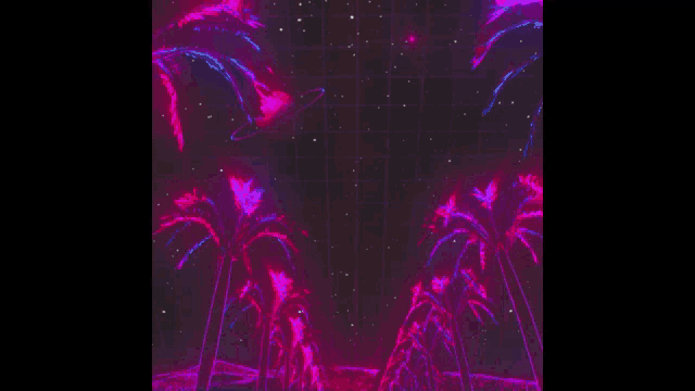 glowing palm trees on a purple background with the word dwu