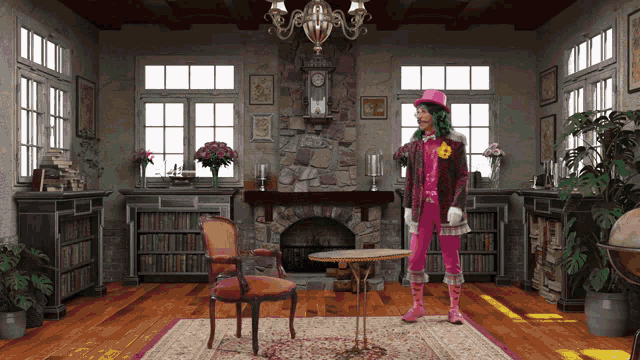 a woman with green hair and a pink hat stands in front of a fireplace in a living room