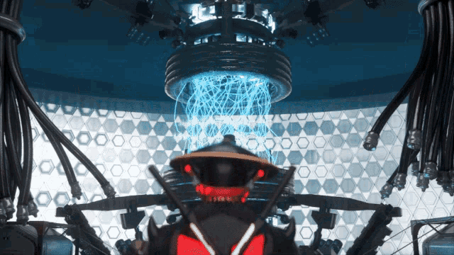 a robot is surrounded by wires and a blue light coming out of it 's head