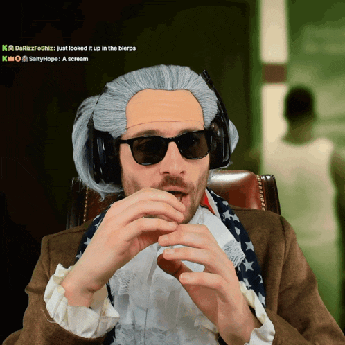 a man wearing a wig and sunglasses is eating a donut with a scream written in the upper left corner