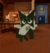 a cartoon character is standing in a room in front of a blue building .