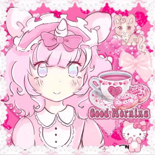 a pink and white drawing of a girl with a cup of tea and donuts and the words good morning