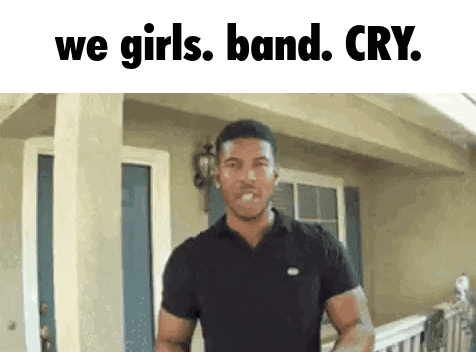 a man standing in front of a house with the words we girls band cry written on the bottom