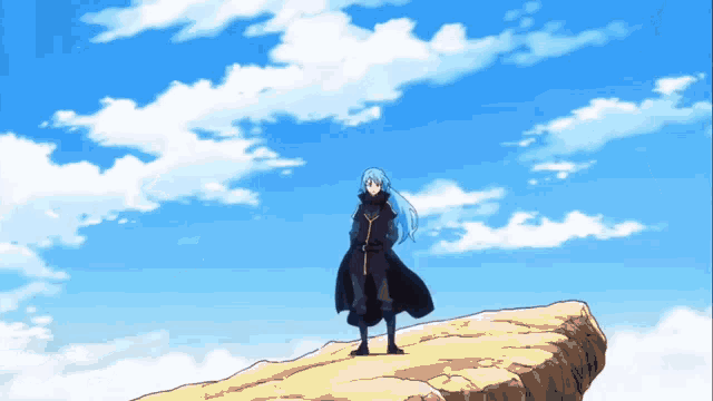 a blue haired anime character is standing on a rocky cliff
