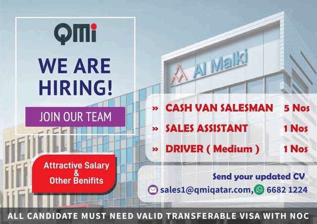 an advertisement for qmi says we are hiring cash van salesman sales assistant and driver