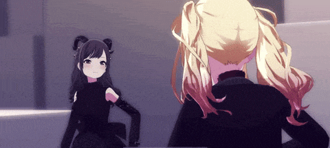two anime girls are standing next to each other in a dark room