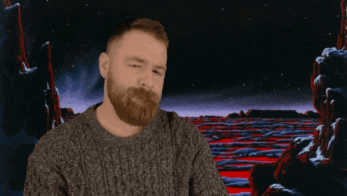 a man with a beard is wearing a grey sweater and says no