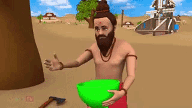 a man with a beard is holding a green bucket in front of a house .