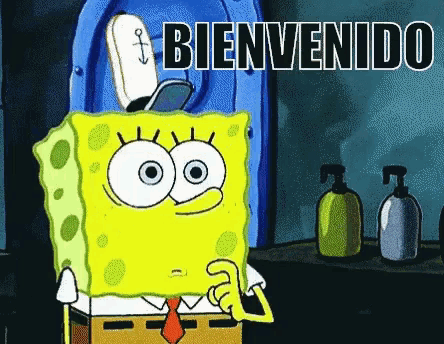 a cartoon of spongebob saying bienvenido in front of a toilet