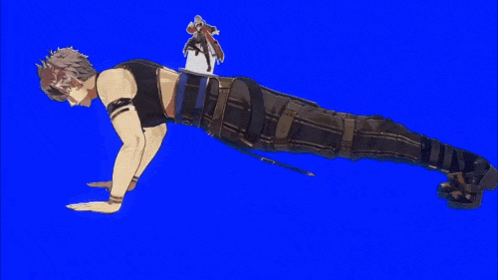 a man is doing push ups with a figurine on top of his back