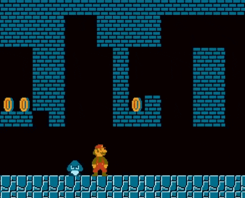 a video game screen shows mario and a mushroom in a dark room