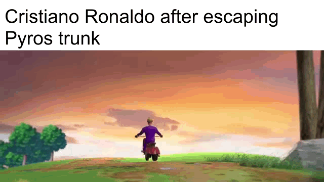 cristiano ronaldo after escaping pyros trunk is riding a motorcycle