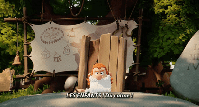a cartoon character says les enfants du calme in a video game