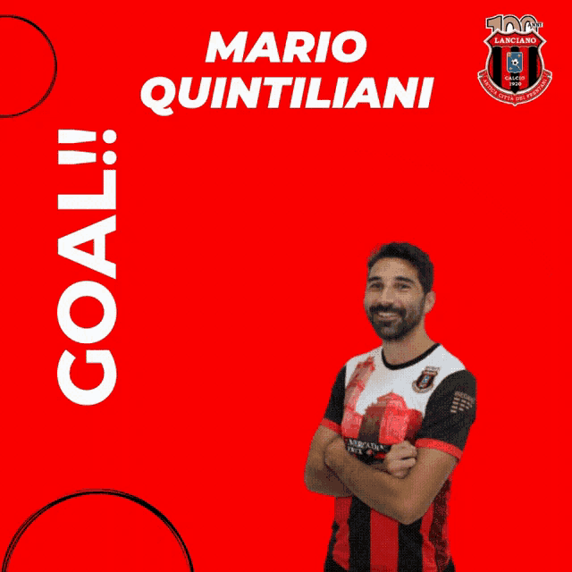 a poster for mario quintiliani shows a man in a black and red jersey