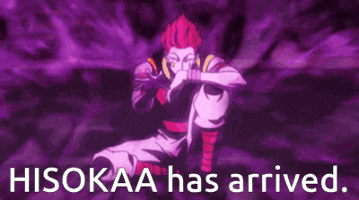 a purple background with a cartoon character and the words `` hisokaa has arrived ''