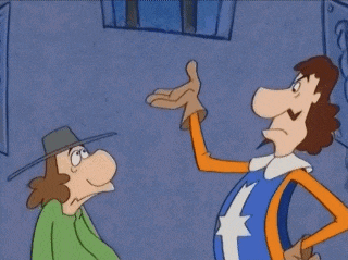 two cartoon characters are standing next to each other and one is wearing a blue and orange outfit with a star on it