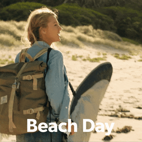 a woman with a backpack carrying a surfboard on the beach with the words beach day above her