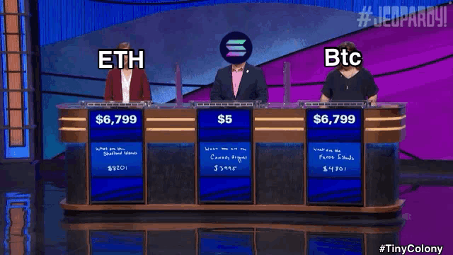three people are playing a game of jeopardy with eth btc and $ 6,799