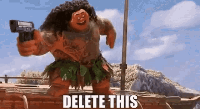 a cartoon character is holding a gun and the words `` delete this '' are written below him .
