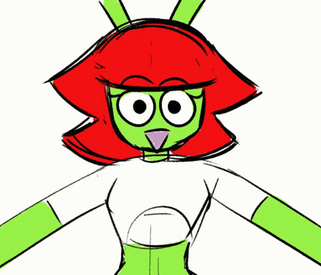 a drawing of a green cartoon character with a red hat