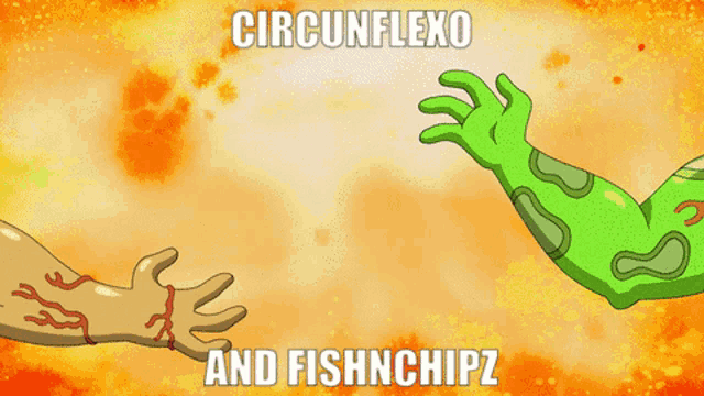 a cartoon drawing of a man and a frog with the words circumflexo and fishnchipz