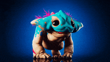 a creature with a blue face and pink feathers on its head