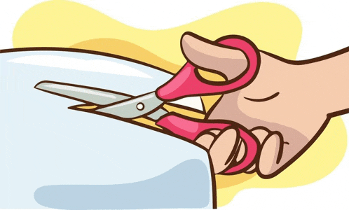 a cartoon illustration of a person cutting a piece of paper with scissors