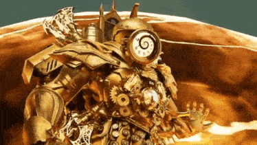 a statue of a robot with a clock on his face