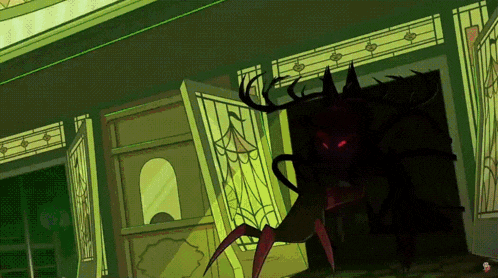 a cartoon of a monster with red eyes standing in a doorway