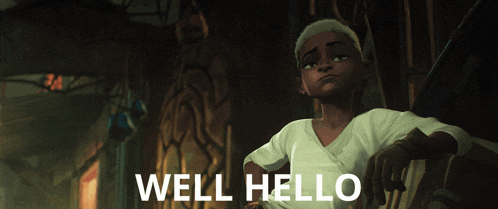 a cartoon character says well hello while sitting down