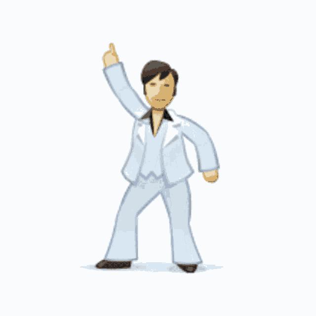 a man in a white suit is dancing with his hand up