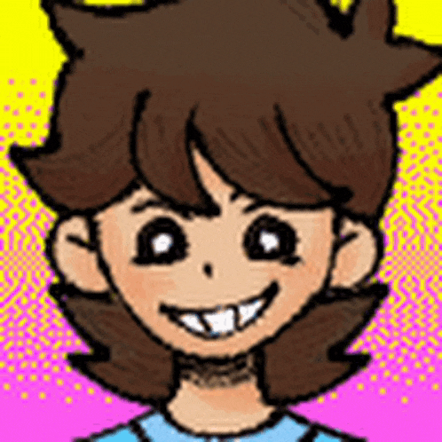 a cartoon boy with brown hair and a blue shirt is smiling and looking at the camera .