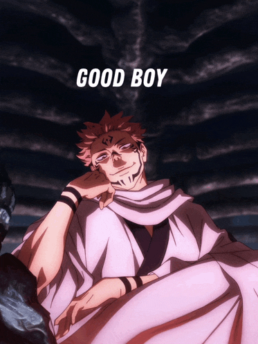 a picture of a man with the words " good boy " above him