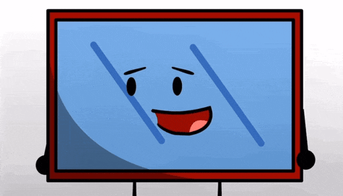 a cartoon drawing of a blue screen with a red frame and a smiling face