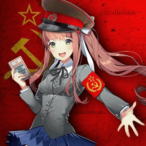 a girl wearing a red hat and a red armband holds a book that says soviet union