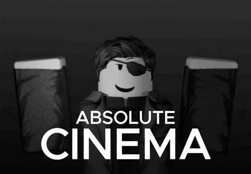 a black and white advertisement for absolute cinema with a cartoon character