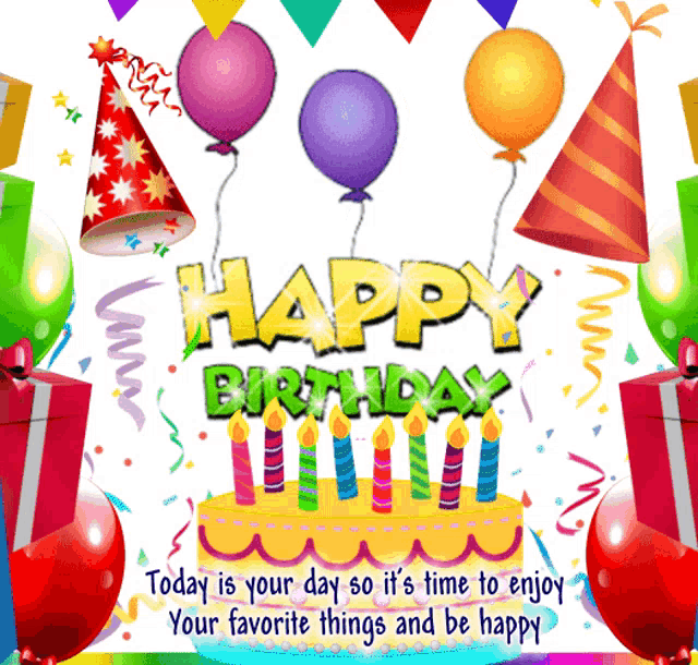 a happy birthday card with a cake and balloons