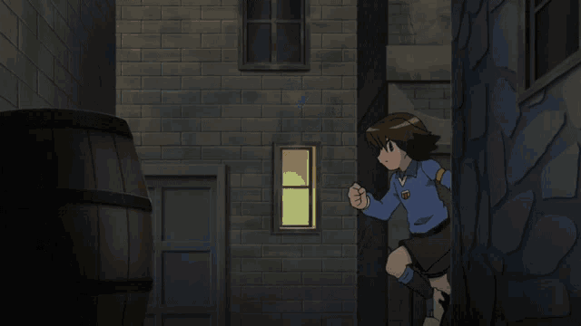 a boy in a blue shirt with the letter v on it is running