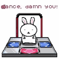 a bunny is sitting on top of a dance floor with the words `` dance , damn you '' .