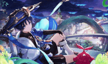 a blue haired anime character is sitting on a balcony