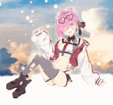 a girl with pink hair and heart shaped glasses is sitting in the snow