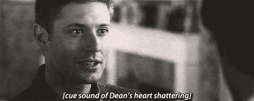 a black and white photo of a man with the words `` cue sound of dean 's heart shattering '' written on it .