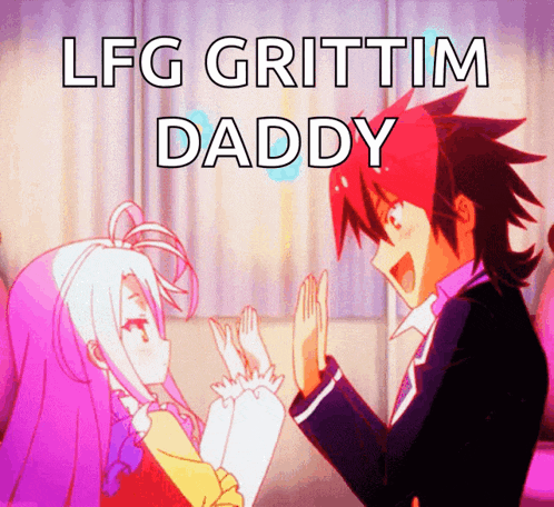 a man and a girl are giving each other a high five and the words lfg grittim daddy are above them
