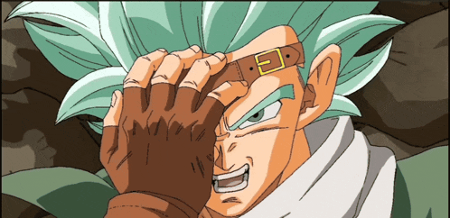 a drawing of a man with green hair and a belt on his head