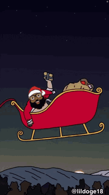 a cartoon of santa claus in a sleigh with a bag of gifts
