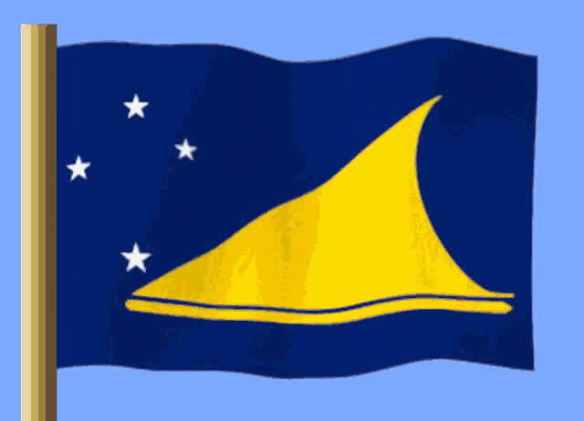 a blue flag with a yellow sail and stars