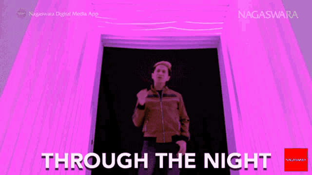 a man in a brown jacket stands in a doorway with the words through the night below him