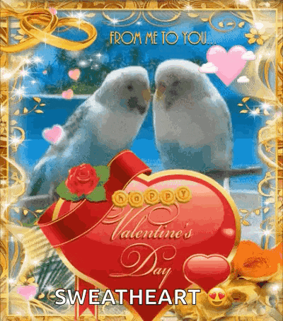 a valentine 's day card with two birds kissing on a heart