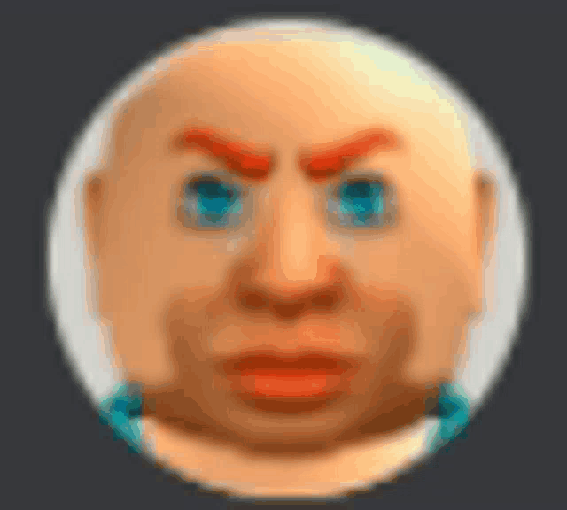 a close up of a bald man 's face with blue eyes and red eyebrows .
