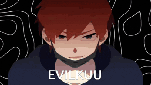 a cartoon character with red hair and the words evilkuu on the bottom